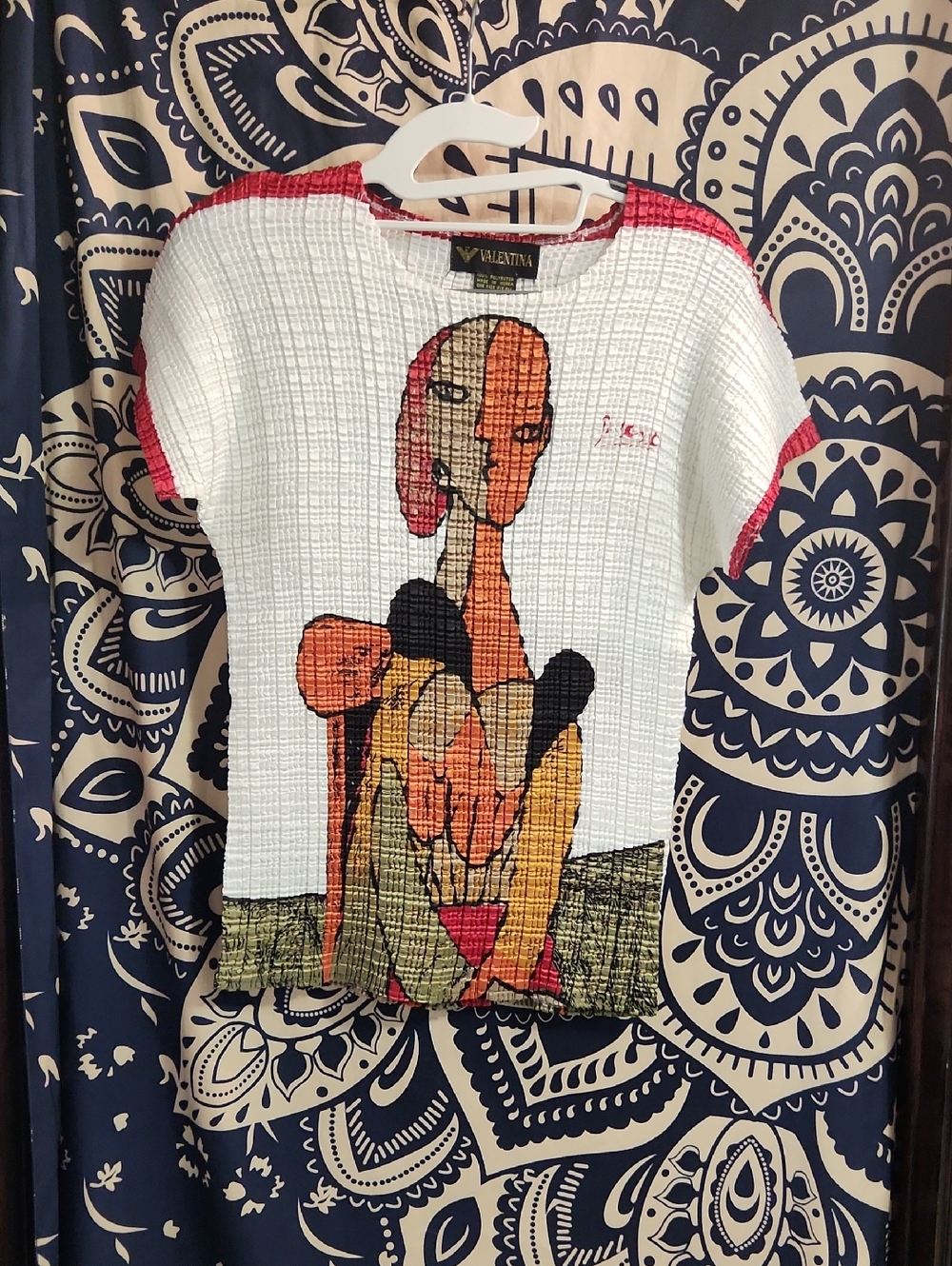 Valentina White Top with Orange, Black & Yellow Abstract Figure